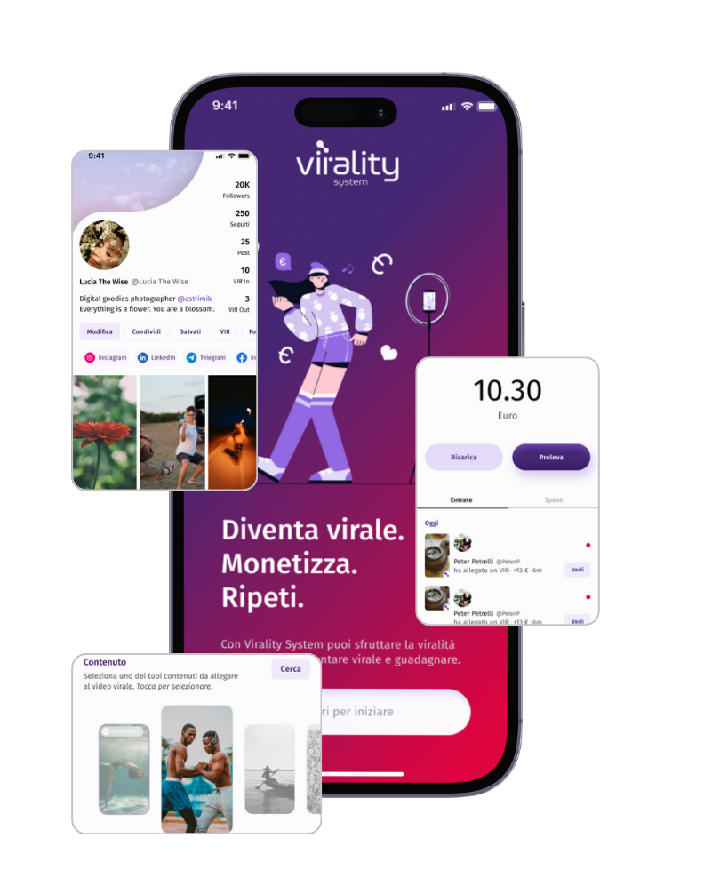 dashboard di Virality System che mostra alcuni screen dell'app
